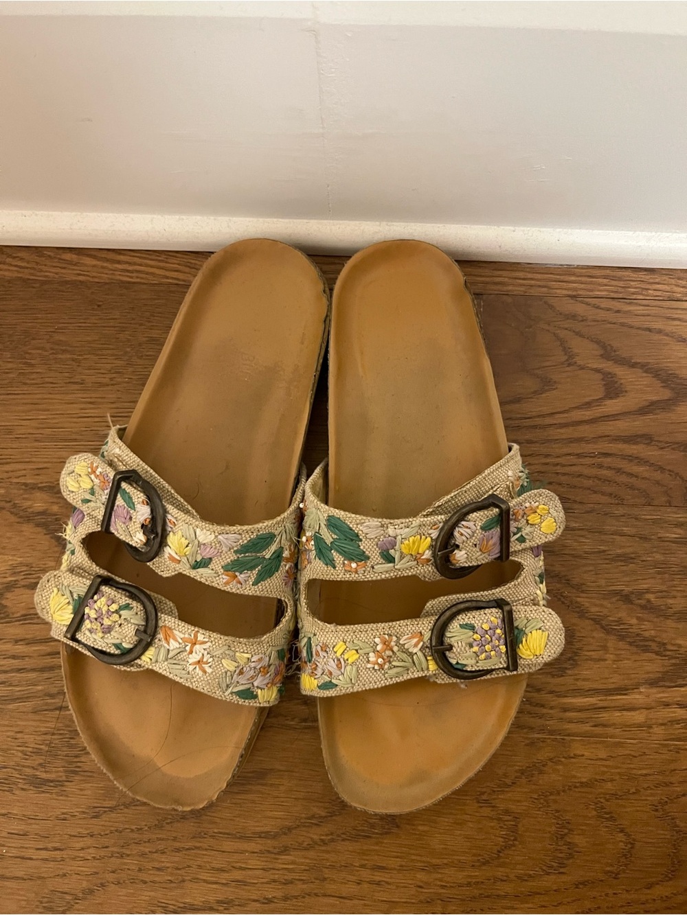 Embroidered Floral Double-Buckle Slide Sandals - Tan